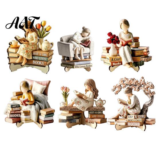Exquisite Desktop Figurine Decor Wooden Reading Girl Figurine, Stable Pastoral Style Statue Decorative for Desk Decor, Artistic Healing Ornament,