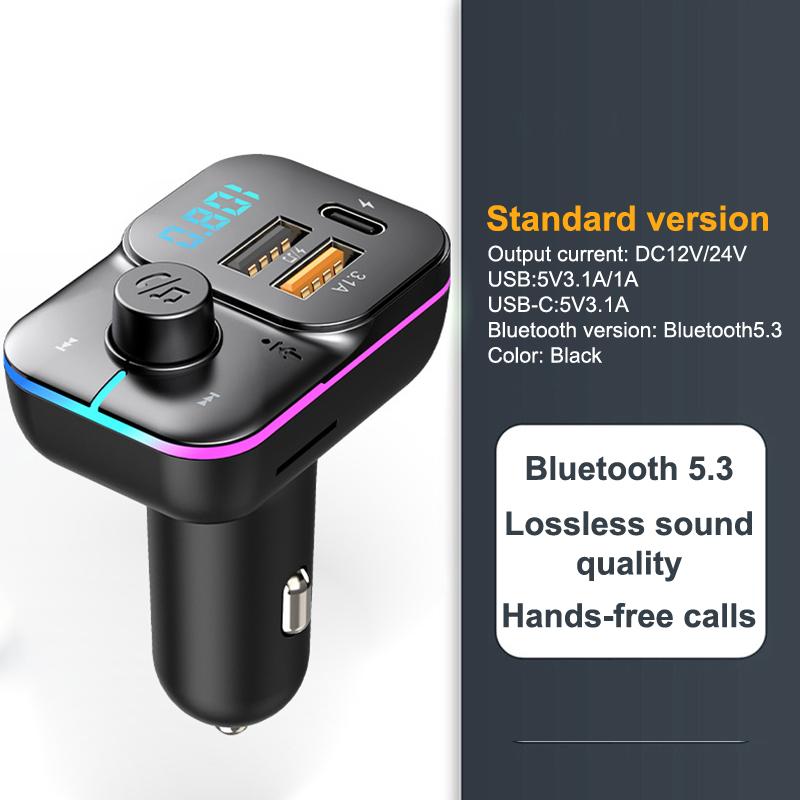 Bluetooth 5.3 Автомобильный FM-передатчик USB-флешка Type-C Быстрая зарядка Автомобильное зарядное устройство MP3-плеер Адаптер Aux Беспроводной автомобильный комплект Handsfree