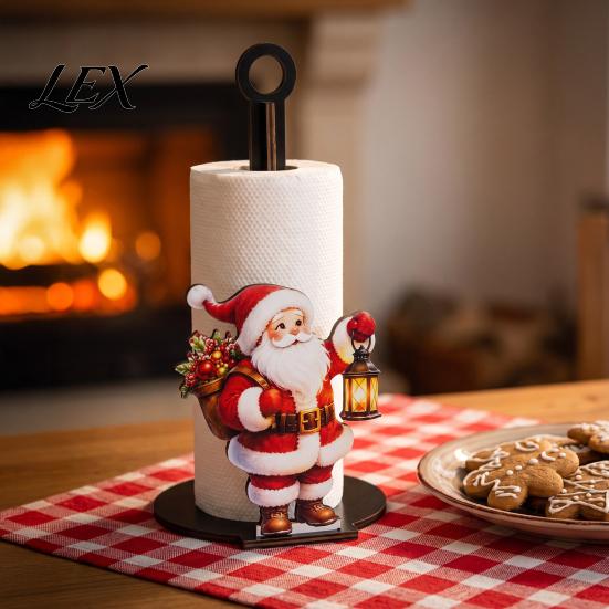 Creative Christmas Kitchen Storage Wooden Paper Towel Holder, Decorative Vertical Roll Dispenser, Festive Countertop Stand Stable Weighted Base