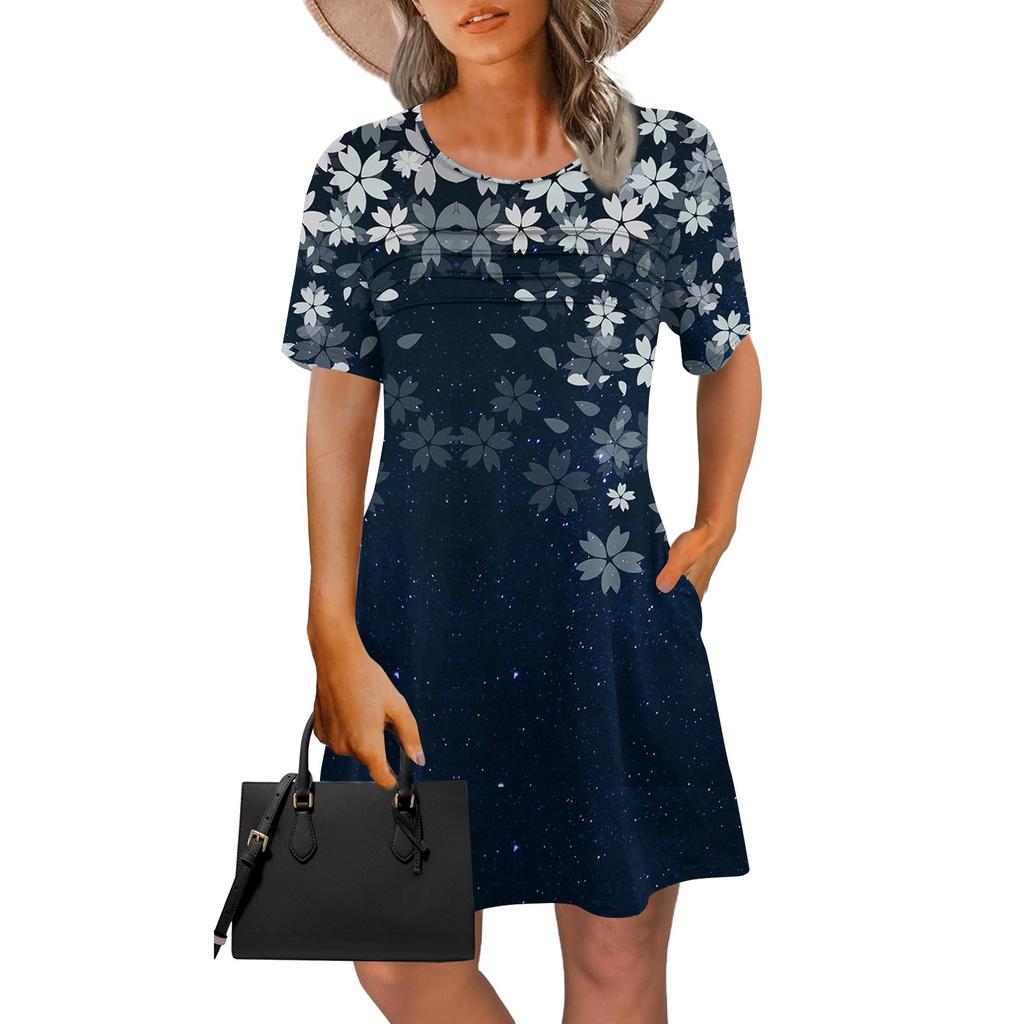 Женское летнее винтажное платье с цветочным принтом, повседневное платье с коротким рукавом и круглым карманом