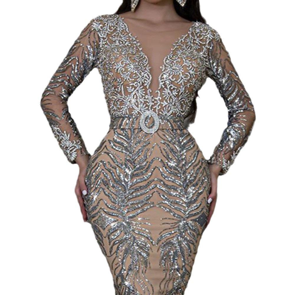 Новое европейское и американское женское платье, с бронзовым принтом, с длинным рукавом, облегающее, сексуальное, платье-русалка, в пол, вечернее платье