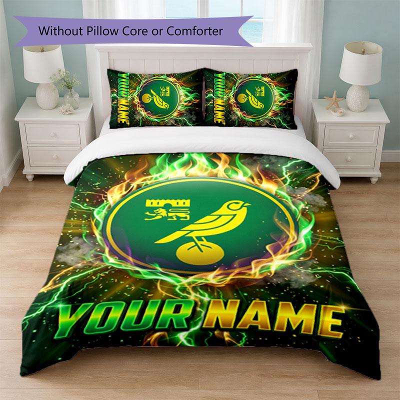 Norwich City Custom Name Text Bedding Set 1 Duvet Cover+2 Pillowcases Soccer Logo Personalized Gift For Special Occasion Bedroom Decor