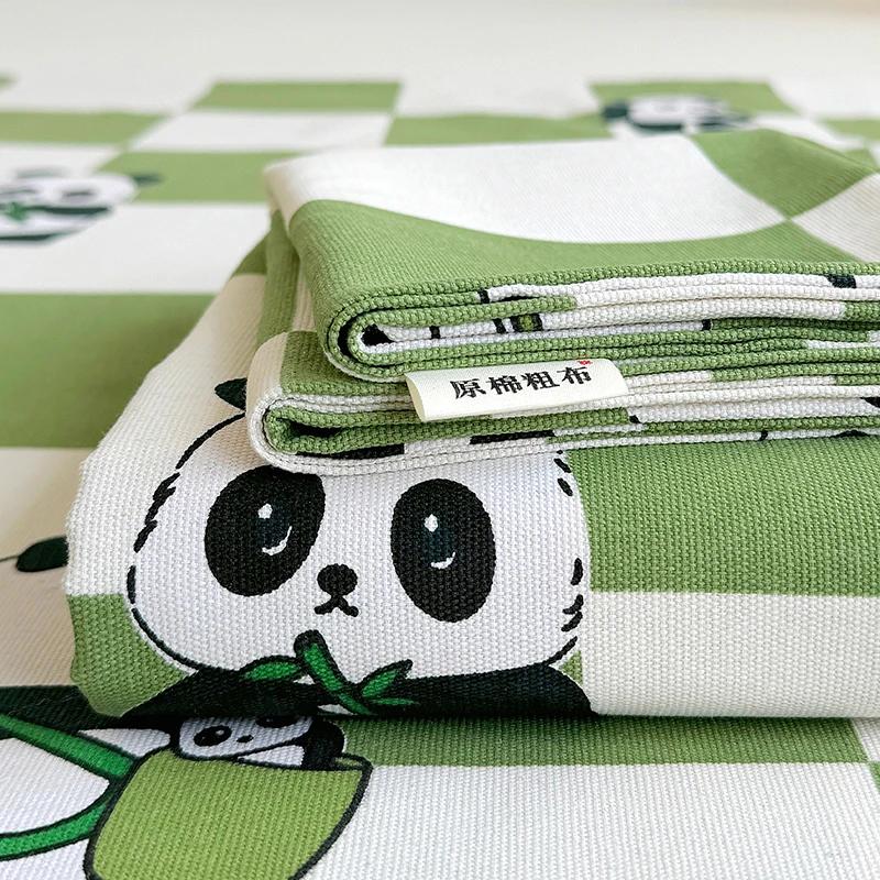Cute Cartoon Panda Bed Sheet Set Cotton Thickened Green Plaid Bed Cover Soft Breathable 3Pcs Bedding Set for Kids Boys Girls