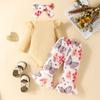 Baby Girls 3Pcs Outfits Long Sleeve Letter Print Romper + Butterfly Flare Pants + Headband Set Infant Clothes