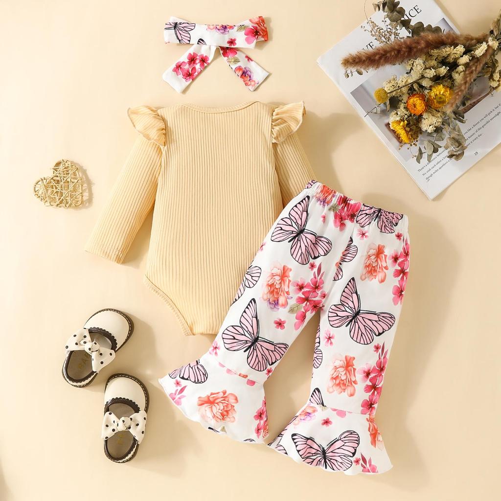 Baby Girls 3Pcs Outfits Long Sleeve Letter Print Romper + Butterfly Flare Pants + Headband Set Infant Clothes
