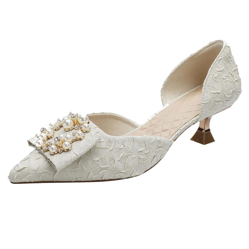 Baotou Hollow Sandals Women's Medium Heel 2025 New Pearl Fairy Style Fashion Thin Heel Pointed Summer Women's Single Shoes