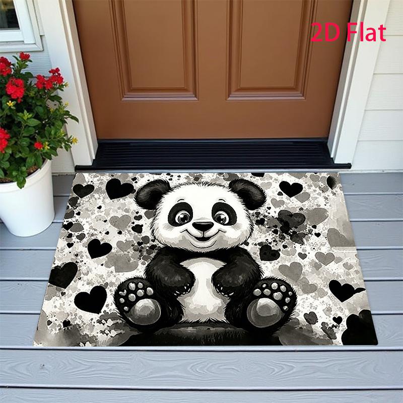 1pc Flannel Material Door Mat, Black And White Heart Panda Cartoon Print, Pointed Plastic Bottom, Machine Washable, Suitable for Indoor And Outdoor, B