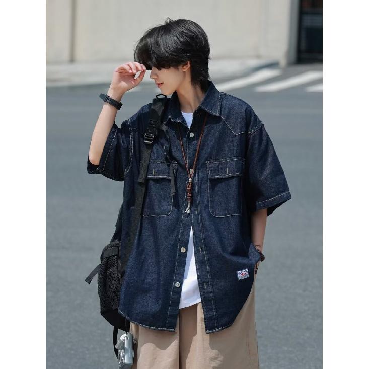 Japanese Retro Fashion Brand Summer Loose Denim Short Sleeved Shirt Artistic Youth Workwear Shirt Men'S And Women'S Layered Jacket