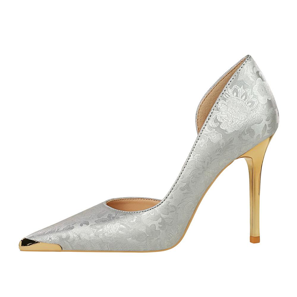 Banquet National Style Women's Shoes High Heels Thin Heel Shallow Mouth Side Hollow Satin Metal Pointed Single Shoes