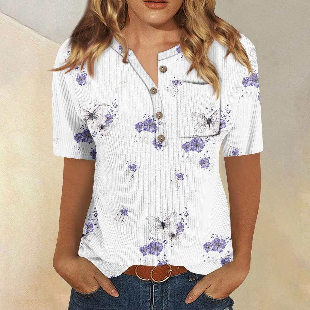 Футболки для женщин, плиссированные, с V-образным вырезом, нарядные, повседневные блузки с принтом, короткие рукава, летние топы, свободный крой