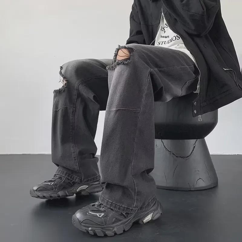 Мужские модные потертые джинсы с широкими штанинами и рваными штанинами - ретро-летний свободный крой