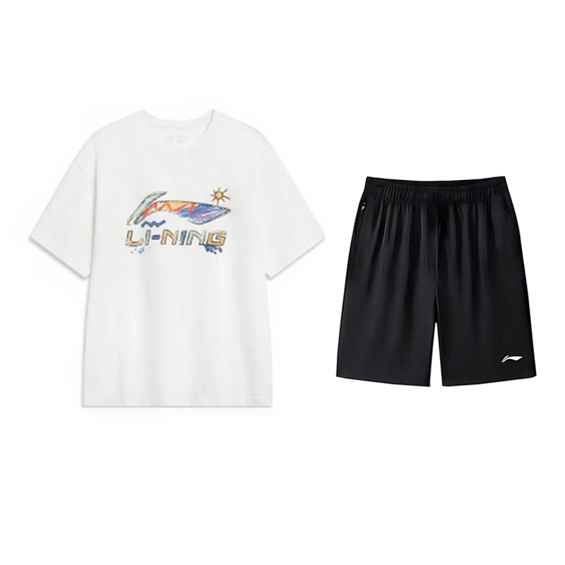Li-Ning Модная футболка с принтом букв, свежий хлопок, удобная, универсальная, с круглым вырезом, пуловер, короткий рукав, повседневный спортивный костюм AHSWC47-2+YATV113-1