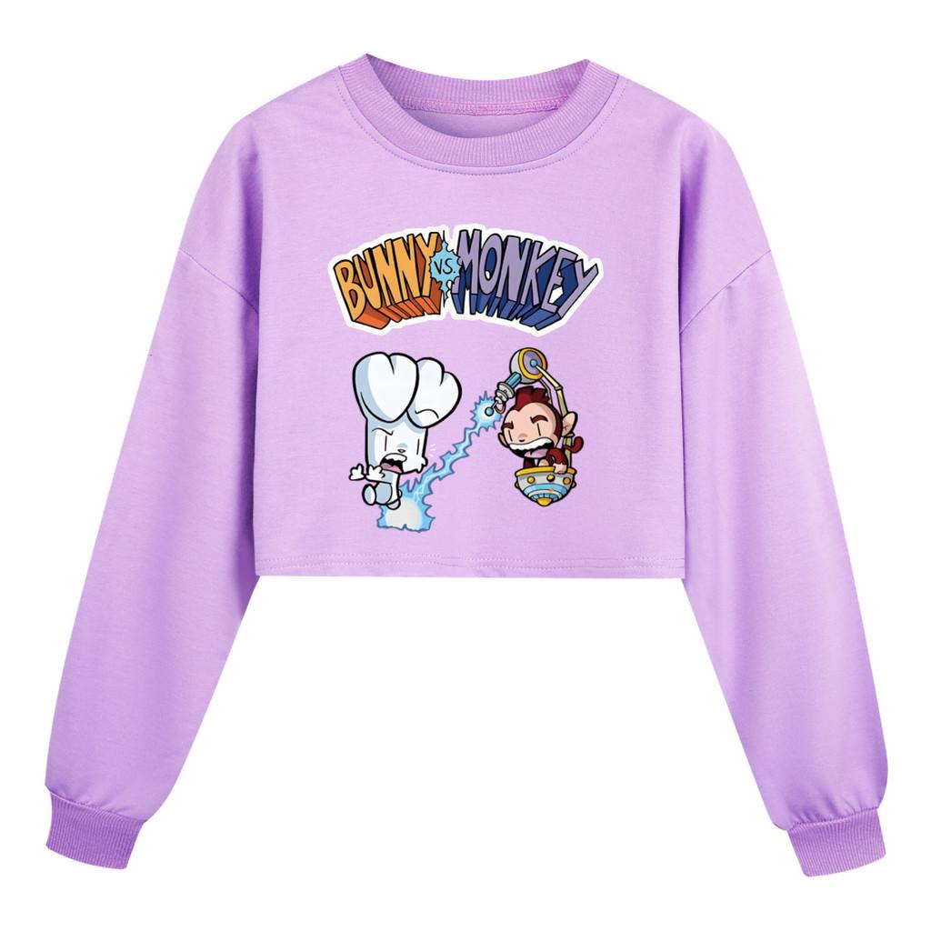 4187 Kids Girls Bunny Monkey Printed Casual Long Sleeves Short Style Sweatshirt