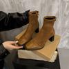 Fashion Square Toe High Heel Booties Women's Vintage Suede Paneled Autumn Winter Block Heel Stretch Skinny Boots