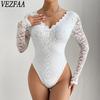 Women's Fashion Casual Solid Color Print Spring Autumn Long Sleeve V-Neck Bodysuits