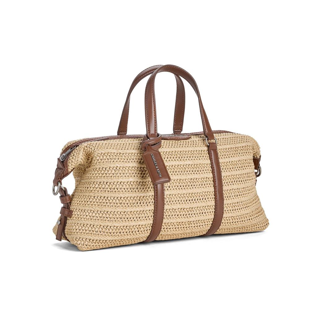 Charles & Keith Small CK 26 Summer Woven Tote Bowling Bag PU Handbag Medium Women handbags Light-Brown CK2-30271812-1