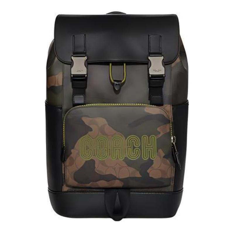 COACH Track 27 drawstring buckle closure camouflage print cow leather fabric school bag backpack backpack large size men's khaki and olive green