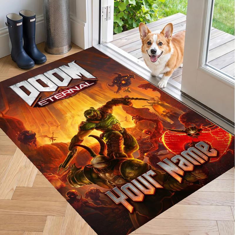 Custom Name DOOM Slayer Crystal Velvet Floor Rug Personalized Text Soft Carpet Home Decor