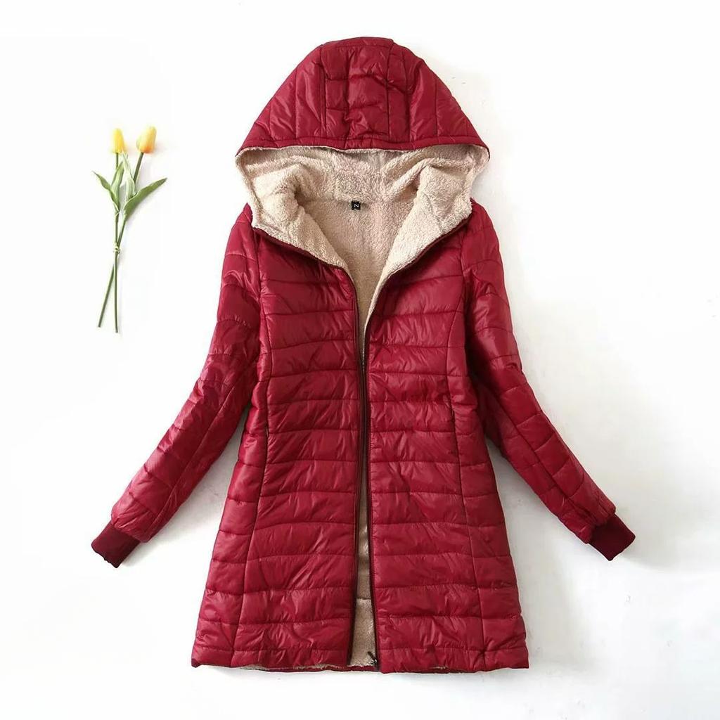 Autumn and Winter Thickened Plus Velvet Hooded Mid-length Slim-fit Warm Lamb Fleece Cotton Coat Women's Jacket