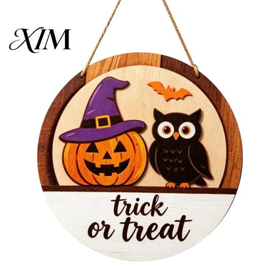 Trick or Treat Hanger Halloween Layered Round Door Hanger, 3D Pumpkin Ghost Owl Wood Welcome Sign, Decorative Festive Ornament Farmhouse Front