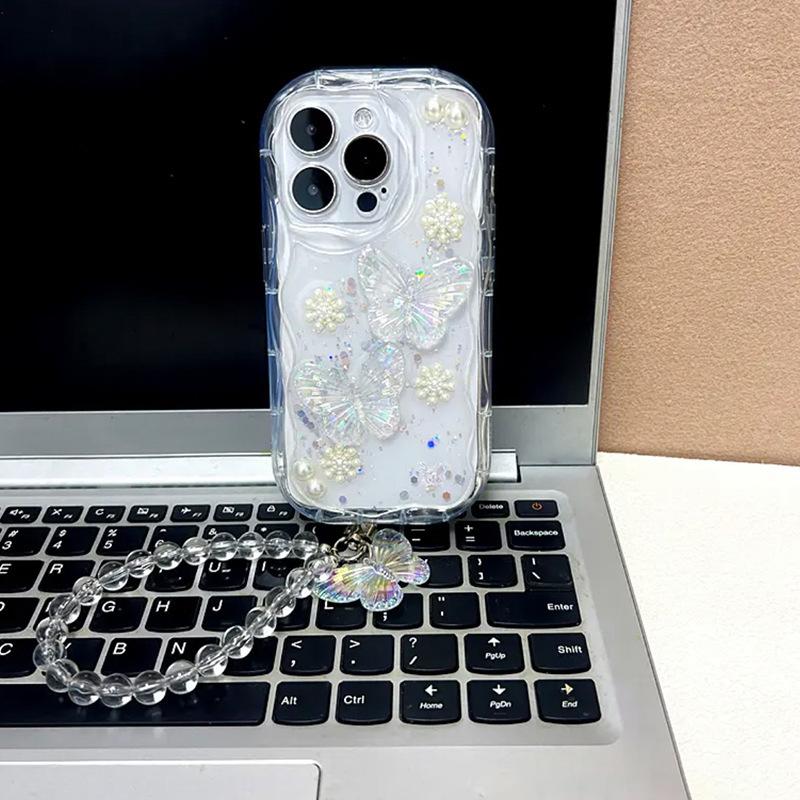 Laser Butterfly Pearl Flower Phone Case for IPhone17 Promax Full Pack Anti Drop for Apple 16 Handheld Rope