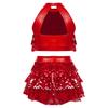 Girls Sparkling Dance Set Sleeveless Round Collar Backless Shiny Sequins Tiered Crop Top Elastic Waist Skirt