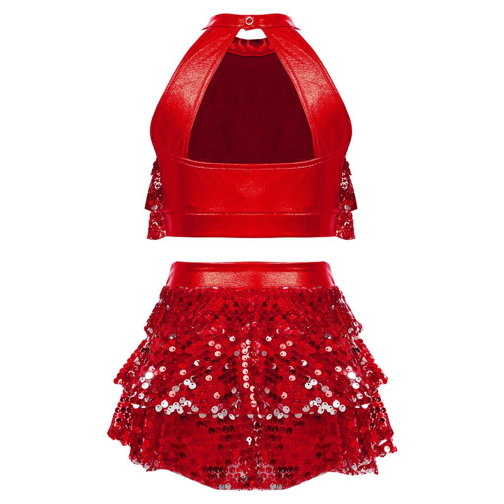 Girls Sparkling Dance Set Sleeveless Round Collar Backless Shiny Sequins Tiered Crop Top Elastic Waist Skirt
