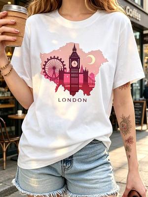 London City Graphic Print Tee For Women, Crew Neck Short Sleeve T-Shirt, Casual Summer Daily Streetwear Top