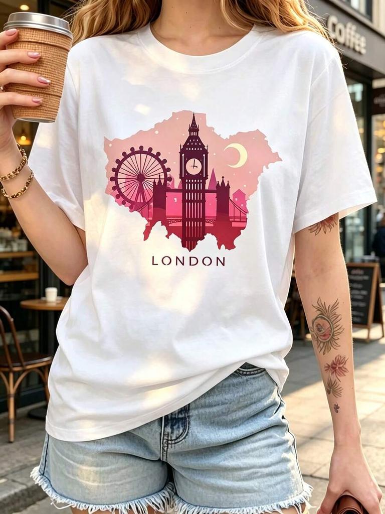 London City Graphic Print Tee For Women, Crew Neck Short Sleeve T-Shirt, Casual Summer Daily Streetwear Top