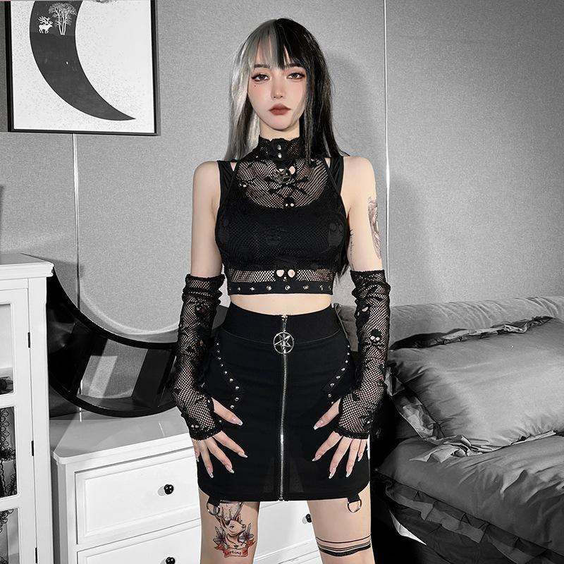 Готические сетчатые укороченные топы с черепом, черная кружевная майка, узкая футболка в стиле панк с перчатками