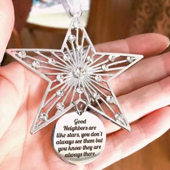 Christmas Friendship Charm Gift Metal Hanging Snowflake/Star/Round/Snowman Shaped Decoration with Blessing Inscription Love for Friend Family