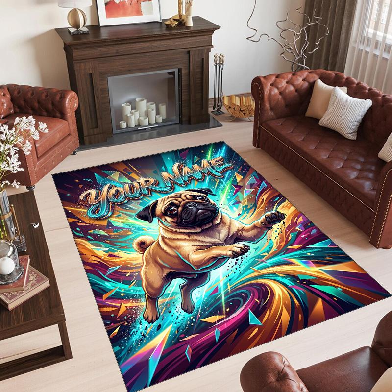 Pug Theme Crystal Velvet Floor Rug Personalized Custom Name Text Warm Carpet Home Decoration