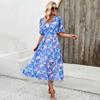 Женское осенне-зимнее повседневное платье трапециевидной формы длиной до щиколотки с высокой талией и коротким рукавом с цветочным принтом и v-образным вырезом