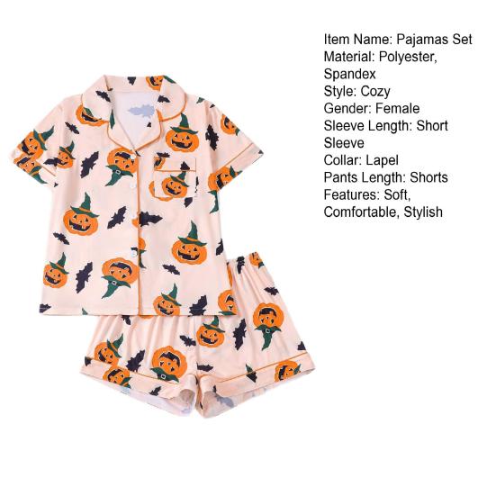 Womens Halloween Pajamas Set Button Down 2 Piece Pjs Shorts Set Pumpkin Print Short Sleeve Sleepwear Sets