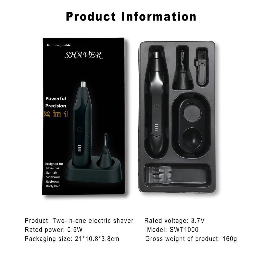 2-in-1 Electric Nose Hair & Eyebrow Trimmer - Rechargeable, Detachable Washable Head, 50-Day Battery Life