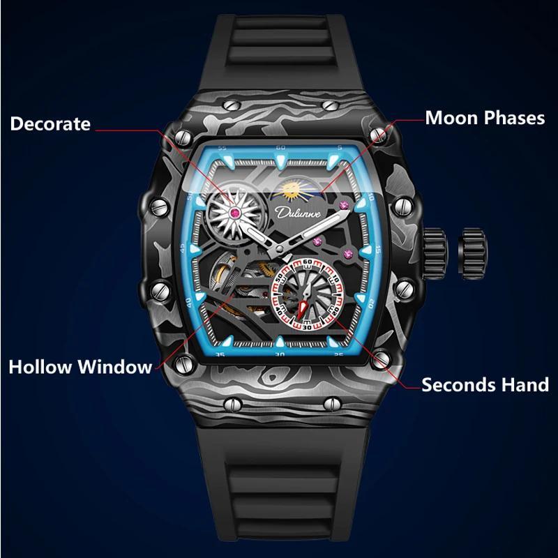 Dulunwe Модные спортивные часы Skeleton Flywheel для мужчин, автоматические механические часы, роскошные светящиеся наручные часы Tonneau с фазами Луны