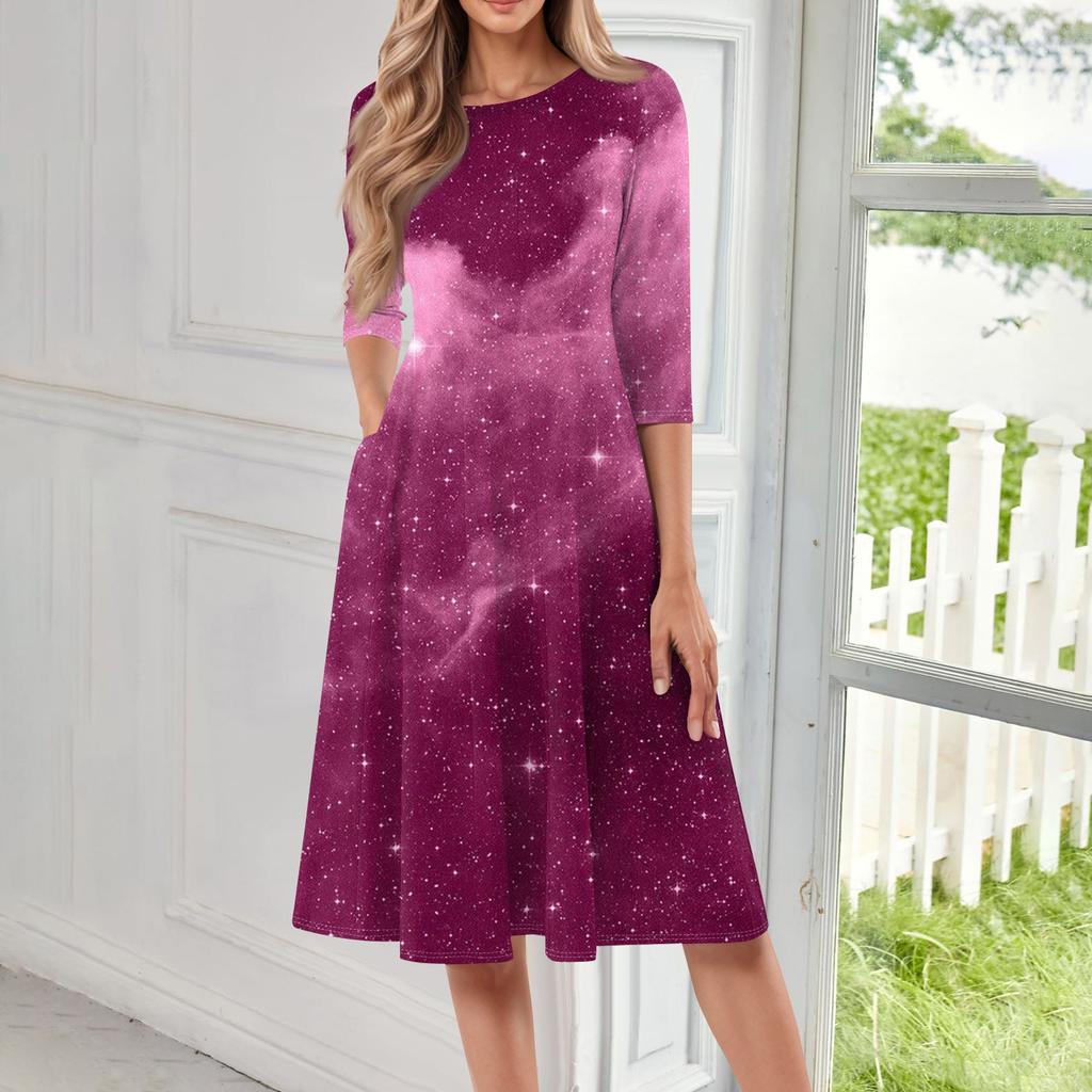 Женское повседневное и модное платье средней длины с круглым вырезом и рукавом семь четвертей