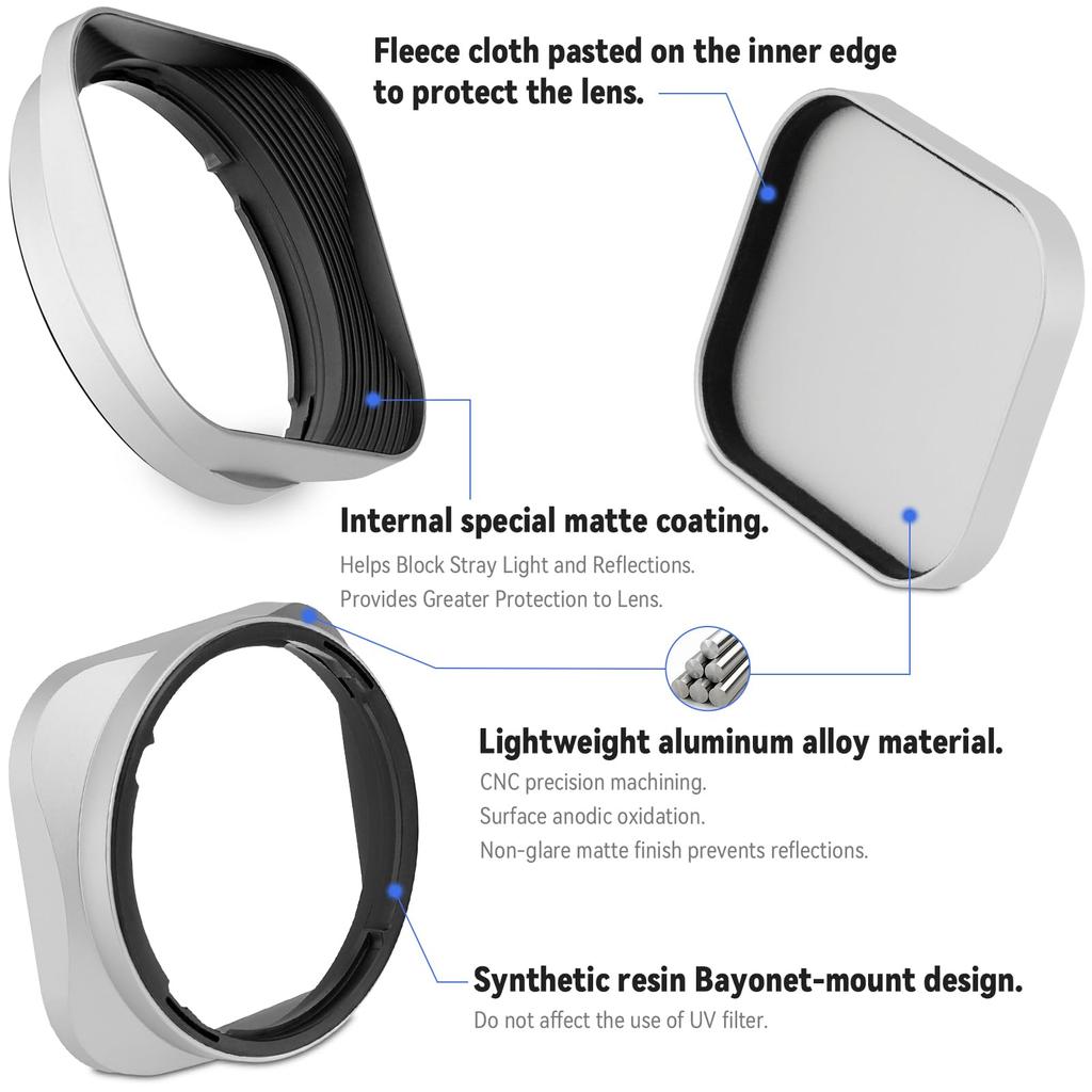 Haoge Silver Metal Square Lens Hood for Fujifilm XF33mm R WR Fujinon XF Fuji XF 23mm R LM WR Lens Hood Shade Bayonet Mount F1.4 Lens, 16-50mm, F/1.4