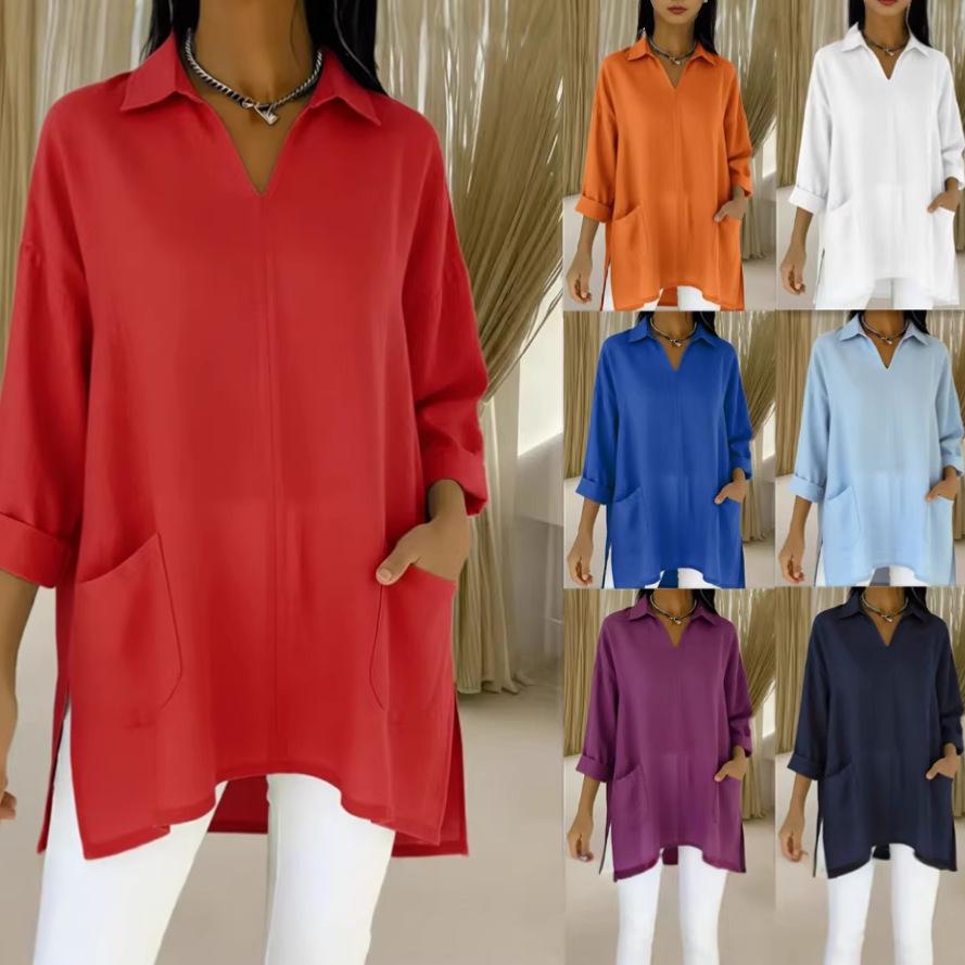 Весна 2026 Европейская и Американская Женская Мода Однотонная Рубашка с Карманным Воротником Свободный Топ