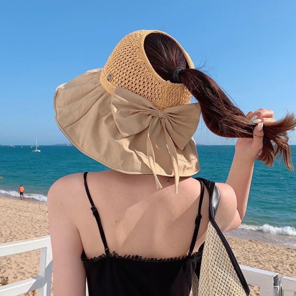 Плетеная пустая шляпа-панама с бантом, защита от солнца, виниловая, повседневная, с широкими полями, для пляжа