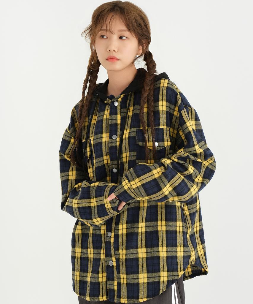 SLOW RECORD HOUSE Hooded Check Shirt_Yellow