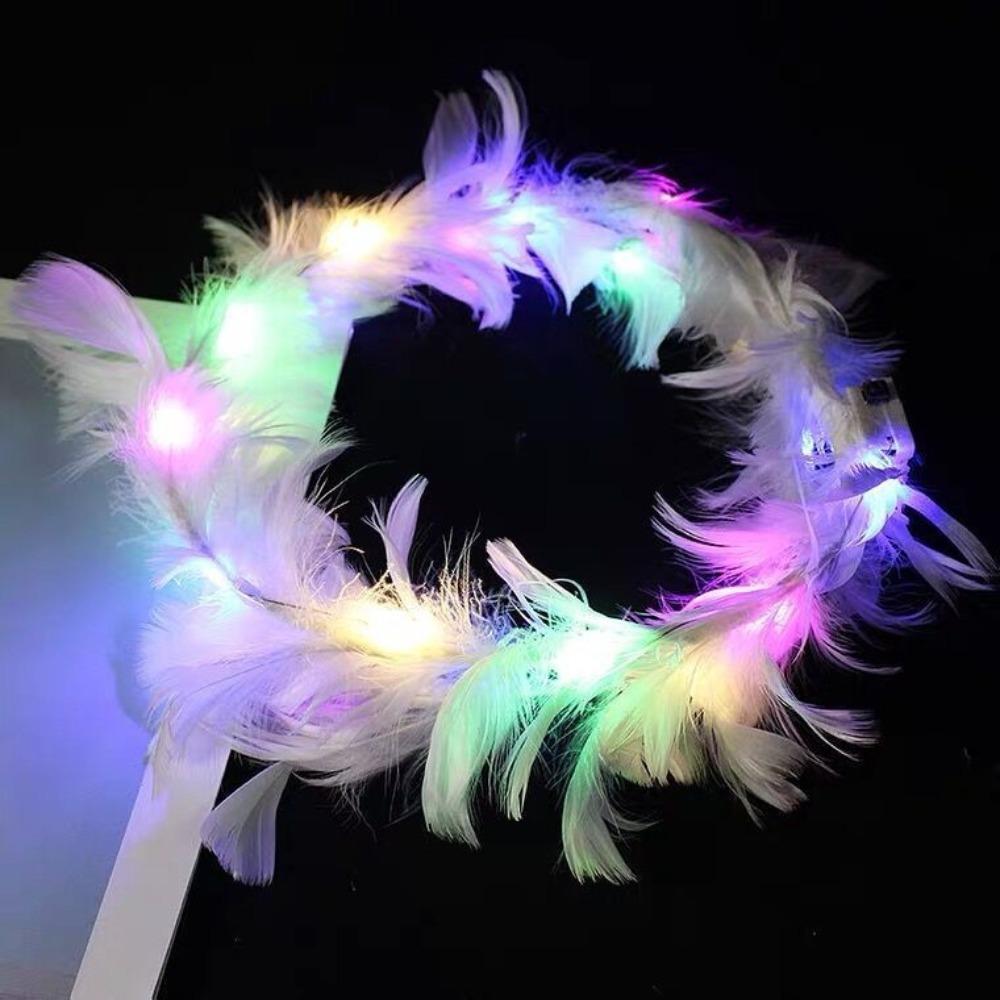 Christmas White Feather Luminous Garland New Year Women Hairband LED Feather Headband  Party
