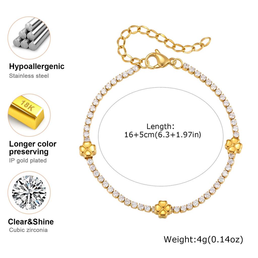 Delicate Tennis Chain Flower Bracelet for Women, Stainless Steel Four-Leaf Clover Zircon Bracelets,Trendy Charm Jewelry Gift