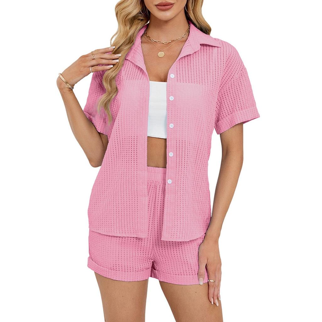 Женская повседневная однотонная рубашка с короткими рукавами, топы, шорты, домашняя одежда, комплект из двух предметов