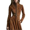 Autumn Elegant Vintage Suede Zipper Waist Cinched Tie A-line Long Skirt