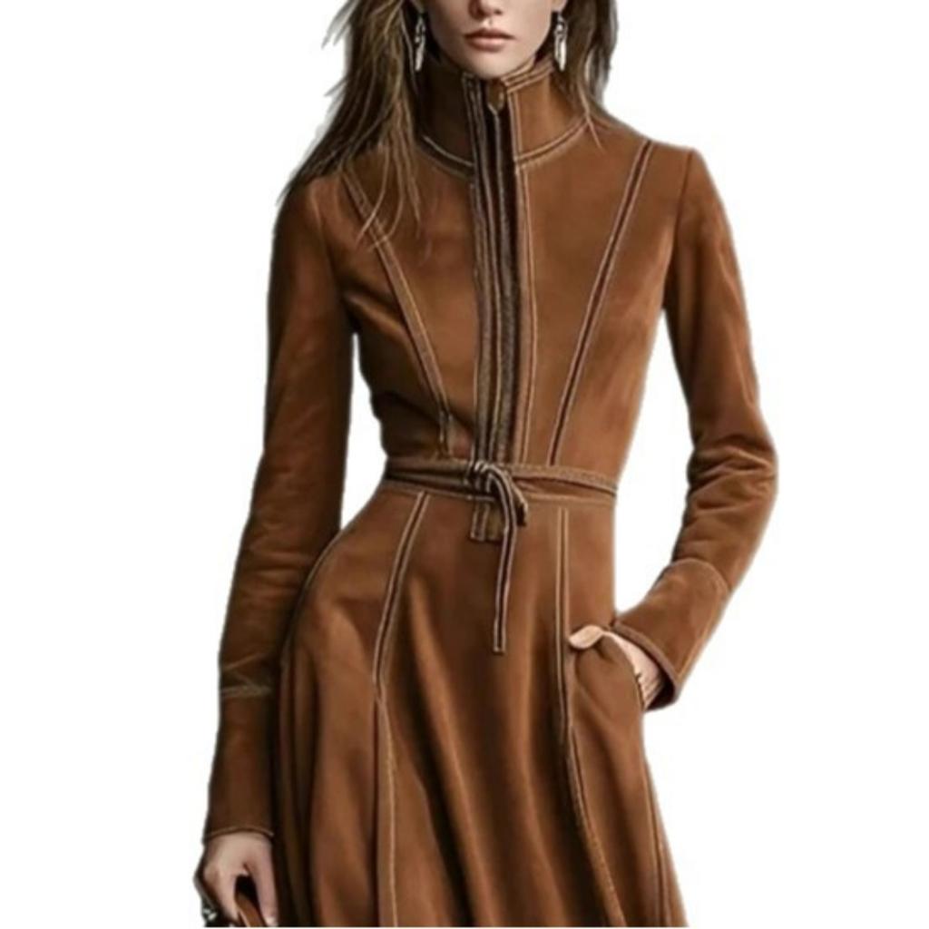 Autumn Elegant Vintage Suede Zipper Waist Cinched Tie A-line Long Skirt