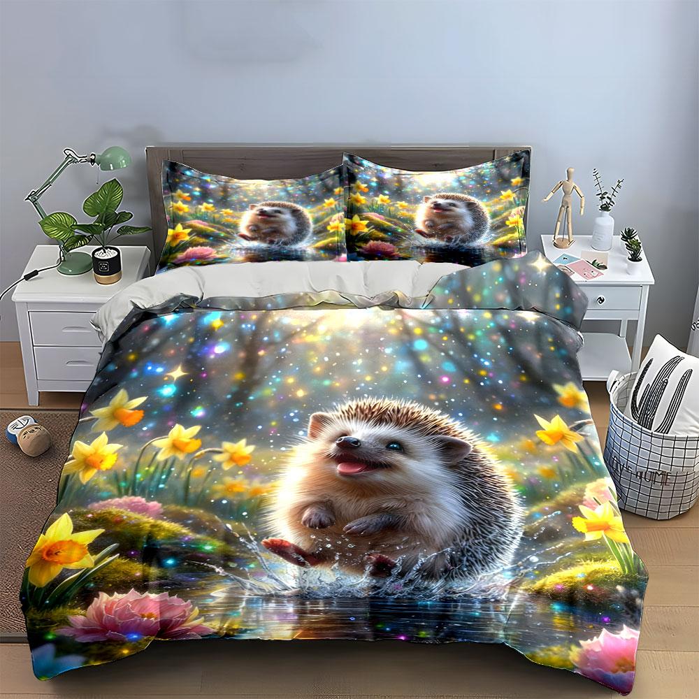 "Adorable Hedgehog Nature Scene Decor" Bedding Set with 1 Duvet Cover 2 Pillowcases Single Double King Queen, Gift