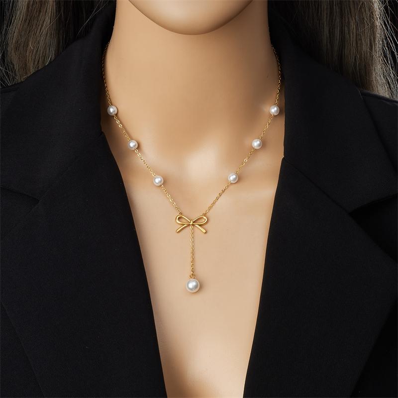316L Stainless Steel Pearl Bowknot Chain Tassel Necklace Earrings Set For Women Lady Fashion New Jewelry Party Wedding Gifts