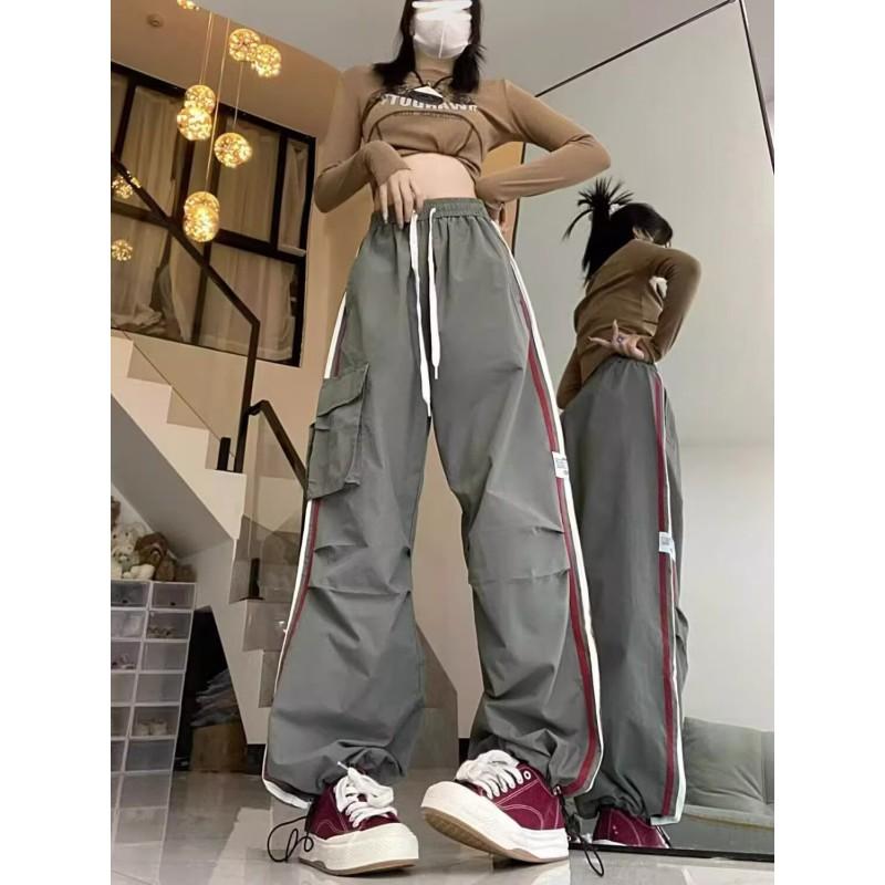 Womens Wide Leg Cargo Pants With Large Pockets Striped Contrast Design Relaxed Fit Streetwear Trousers 2025