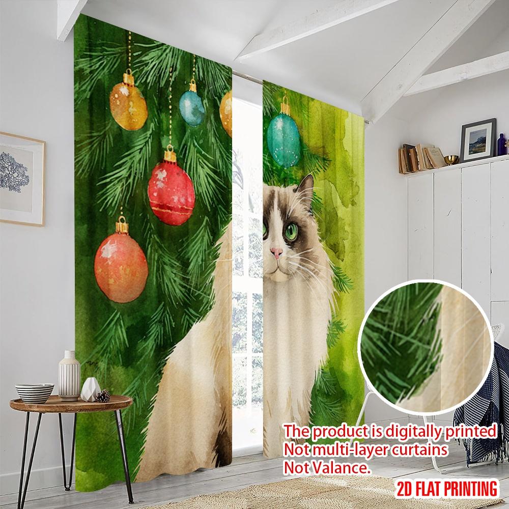 2pcs,2D Plane Printing Curtains Digital Printed Longhair Cat by Tree Durable Polyester (without Rod) Art Deco Festive Use for